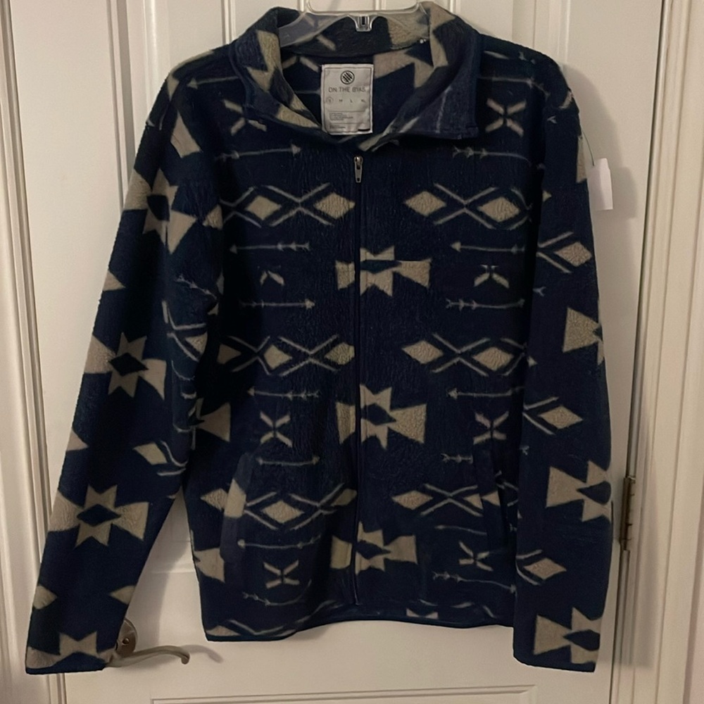 On the Bayas‎ western/Aztec print Men’s Small full zip pocket shacket navy&cream